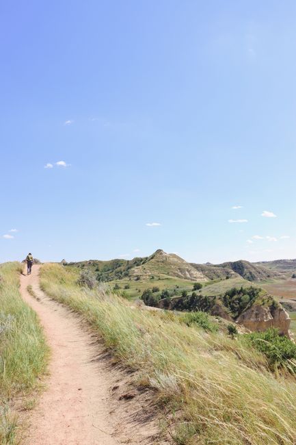 A person walking along a narrow dirt path on a grassy hillside during daylight, with a clear blue sky overhead. The path is flanked by tall green grass on both sides and leads towards distant rolling 